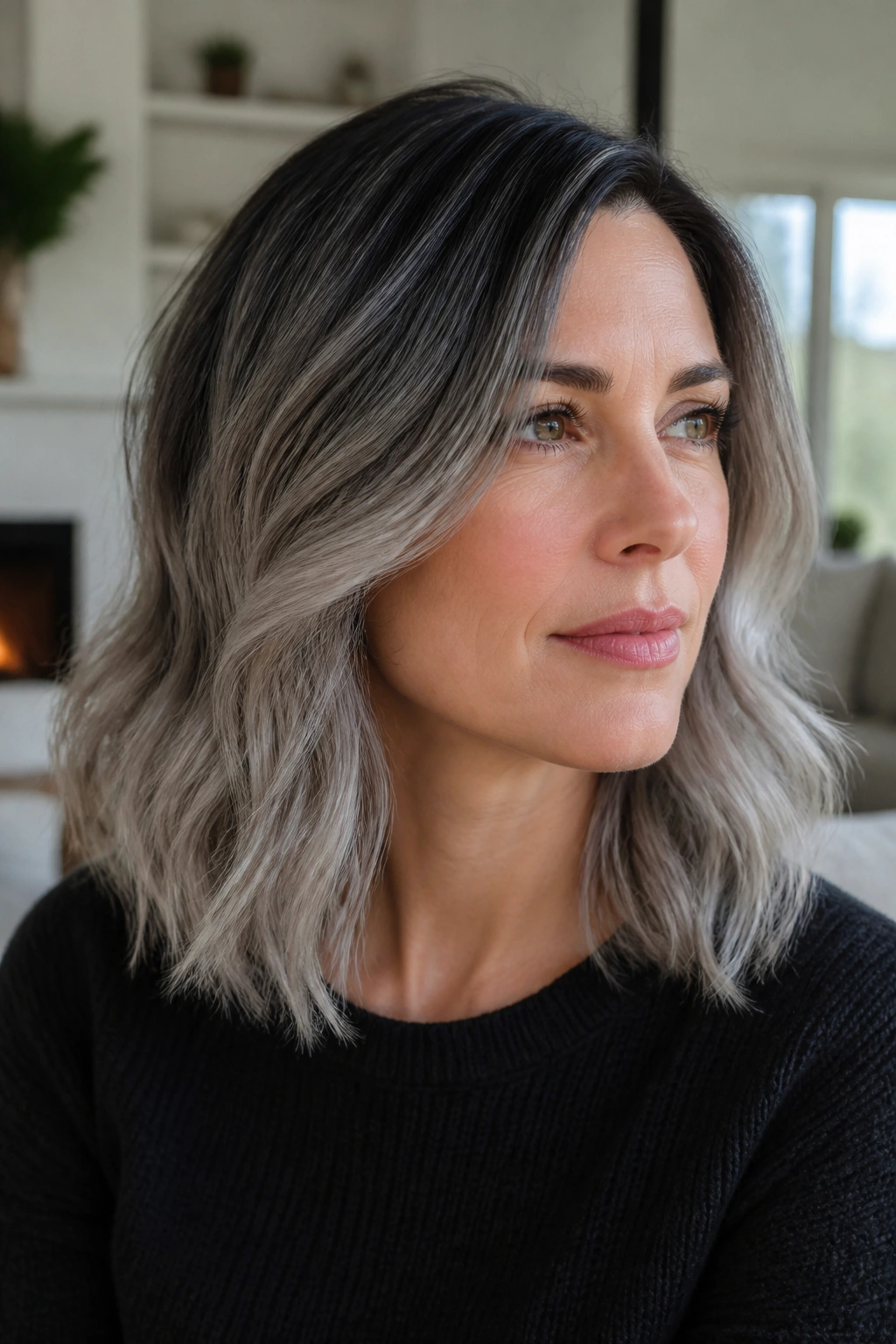 Close-up portrait of a real person with charcoal root melt into silver midlengths