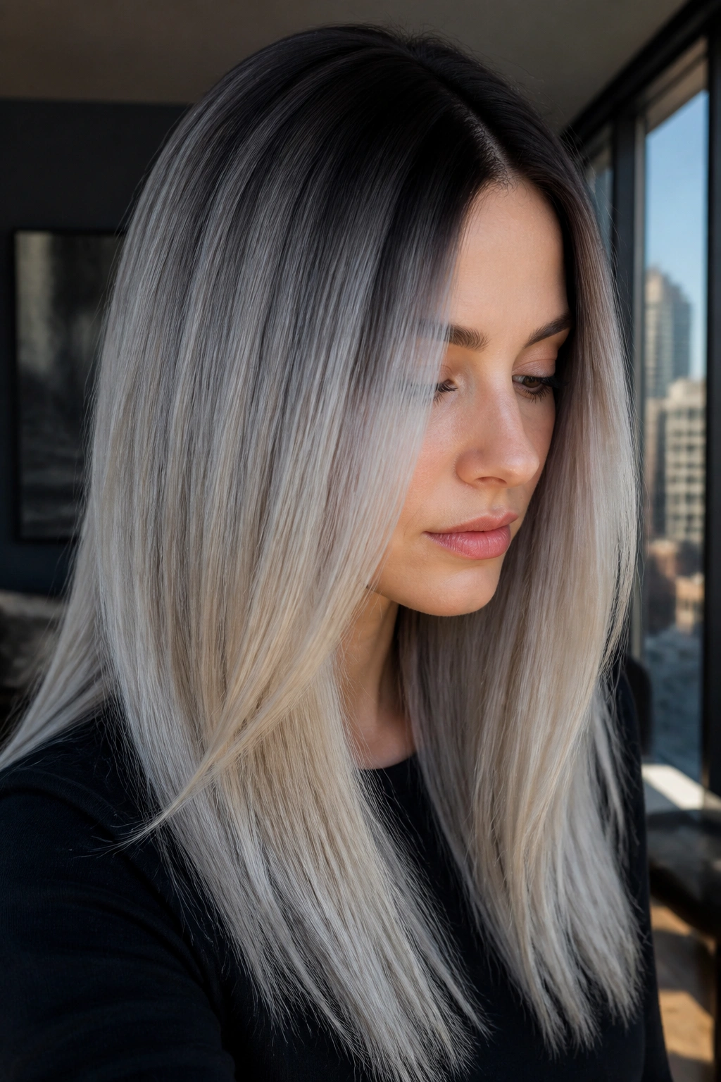 Portrait of person with charcoal root melt hair
