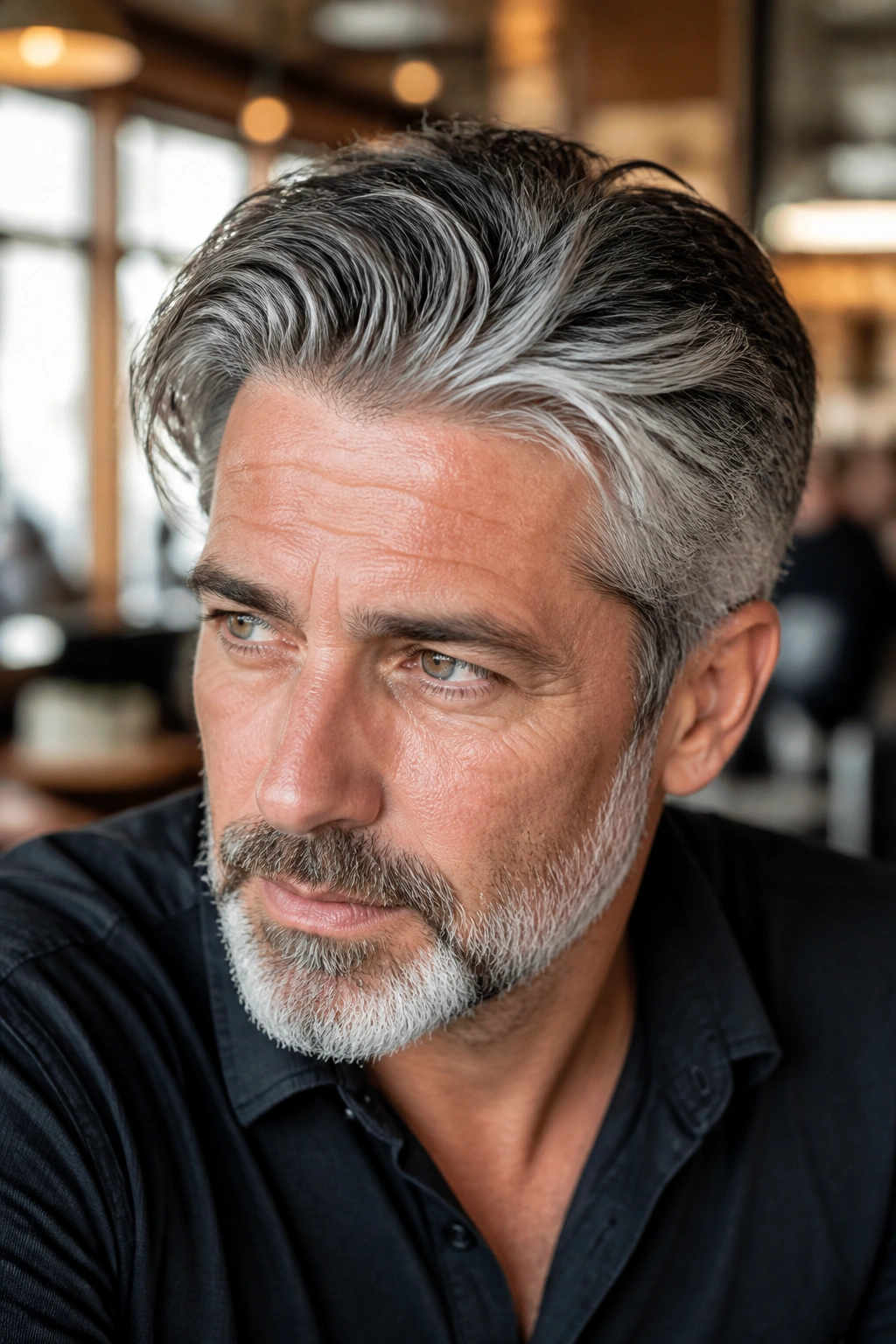 Close-up portrait of a man with charcoal root melt in a cafe setting