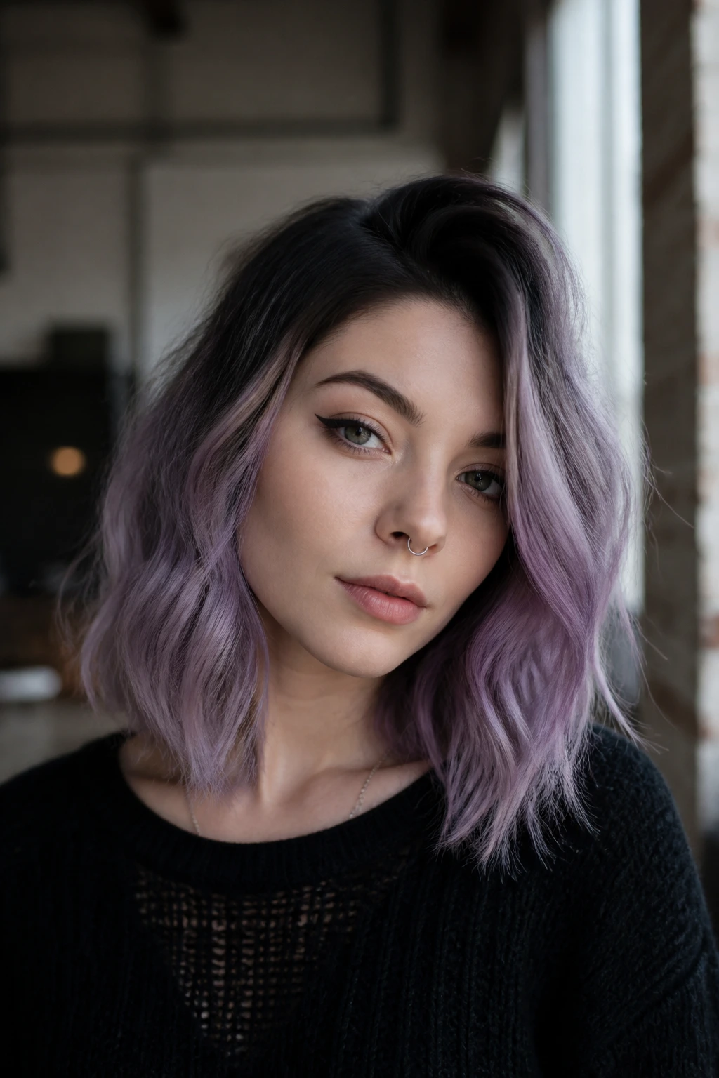 Close-up of a real person showing charcoal roots with lilac midlengths