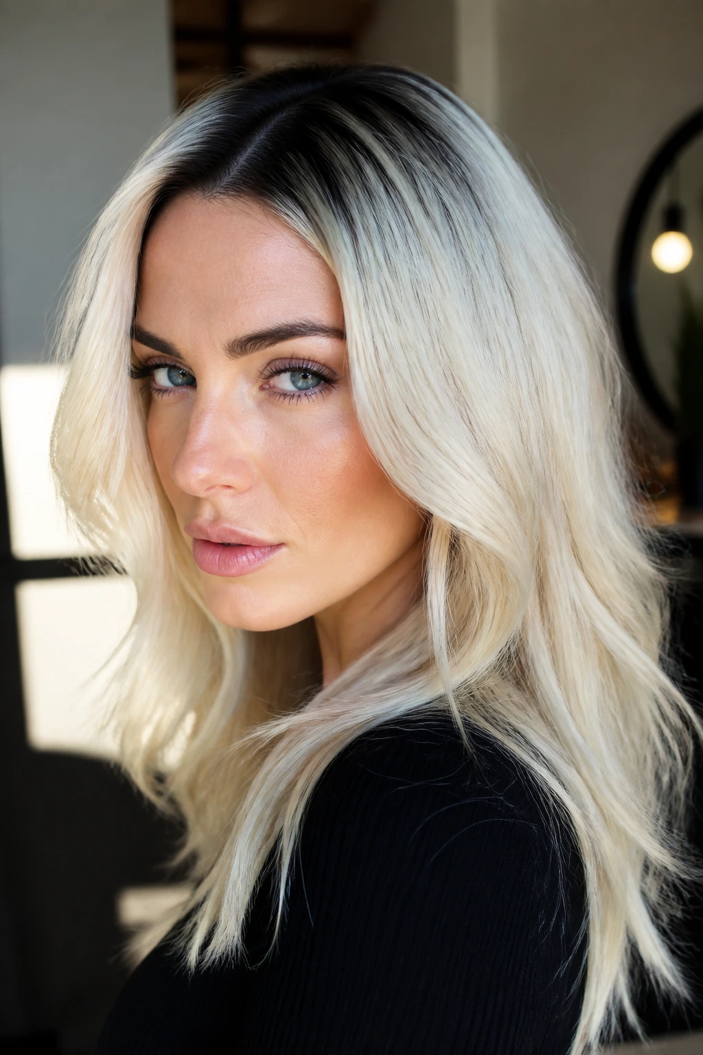 Close-up of smoky charcoal roots on platinum blonde on a real woman