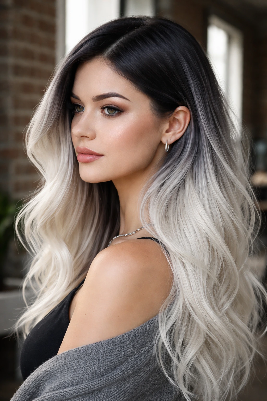 Close-up of a real person with charcoal roots and white blonde ends