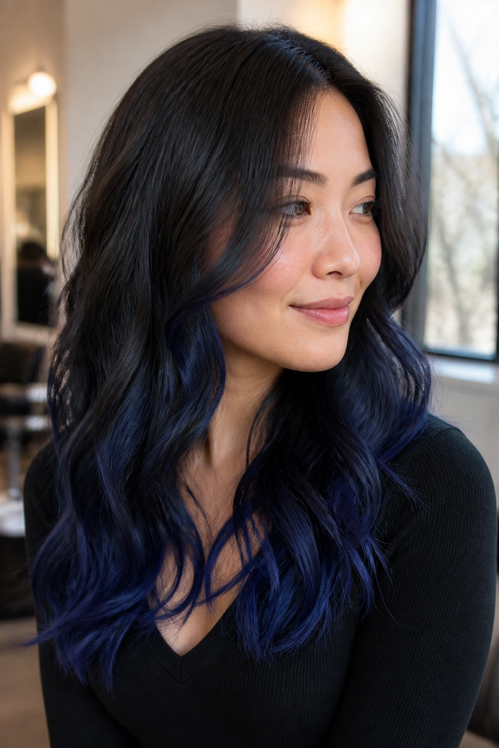 Close-up of a real woman's hair showing charcoal root shadow and indigo ends in dark hair
