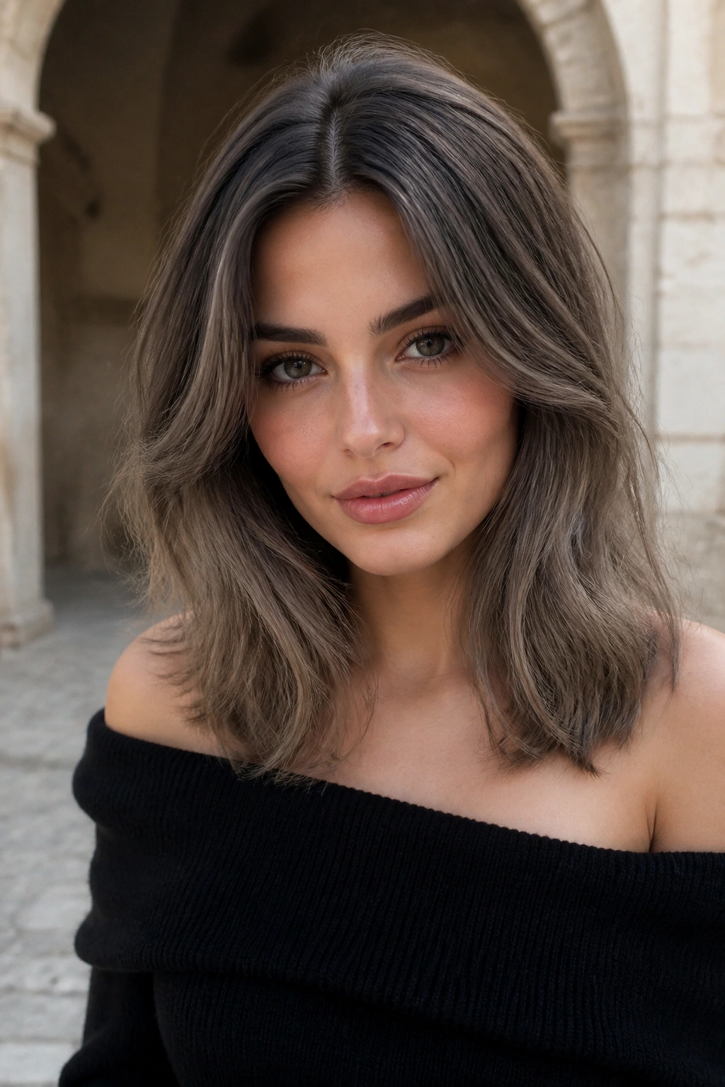 Close-up of a real woman with charcoal shadow roots blending into ash-brown mid-lengths.