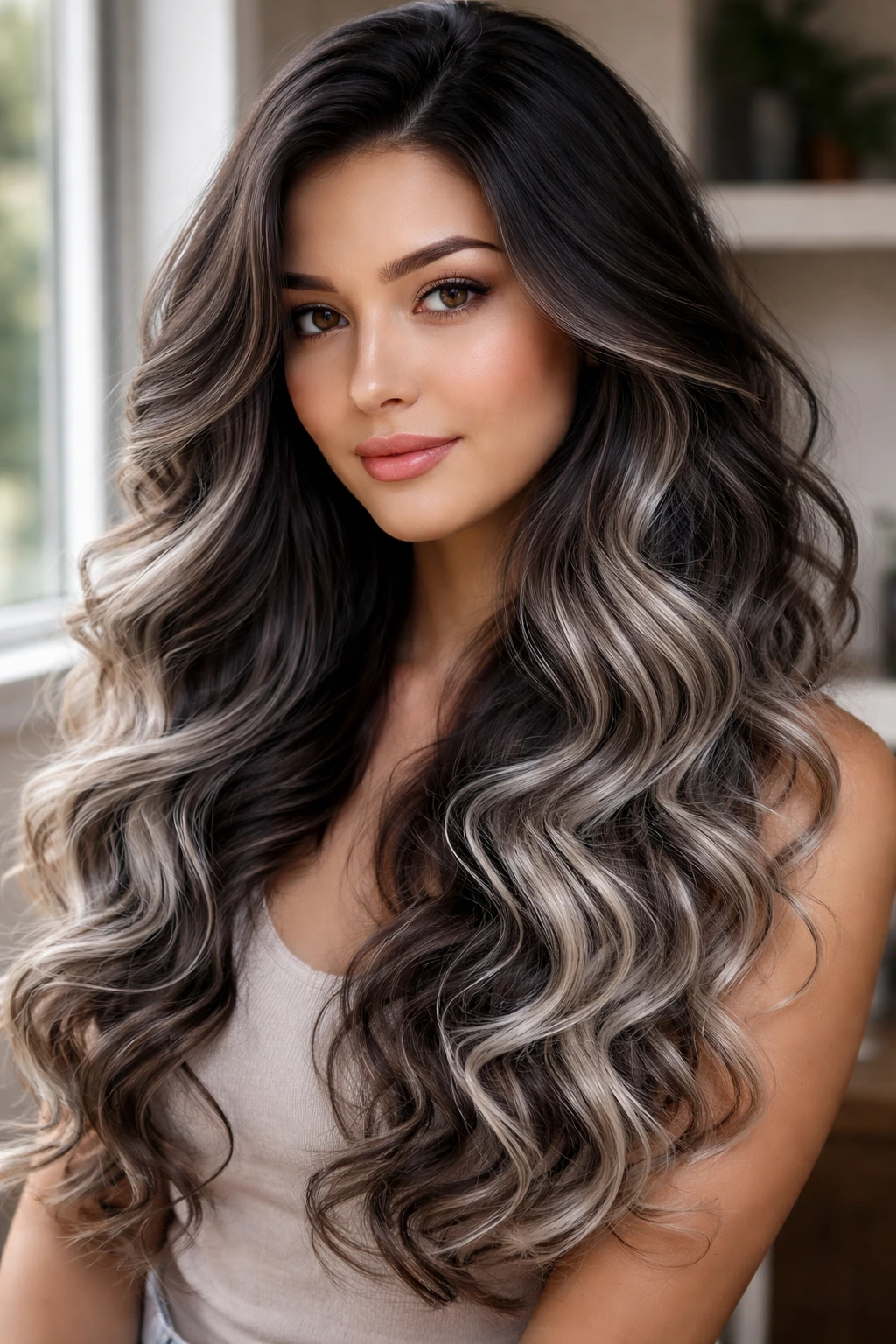 Real woman with charcoal-to-silver gradient on long curls