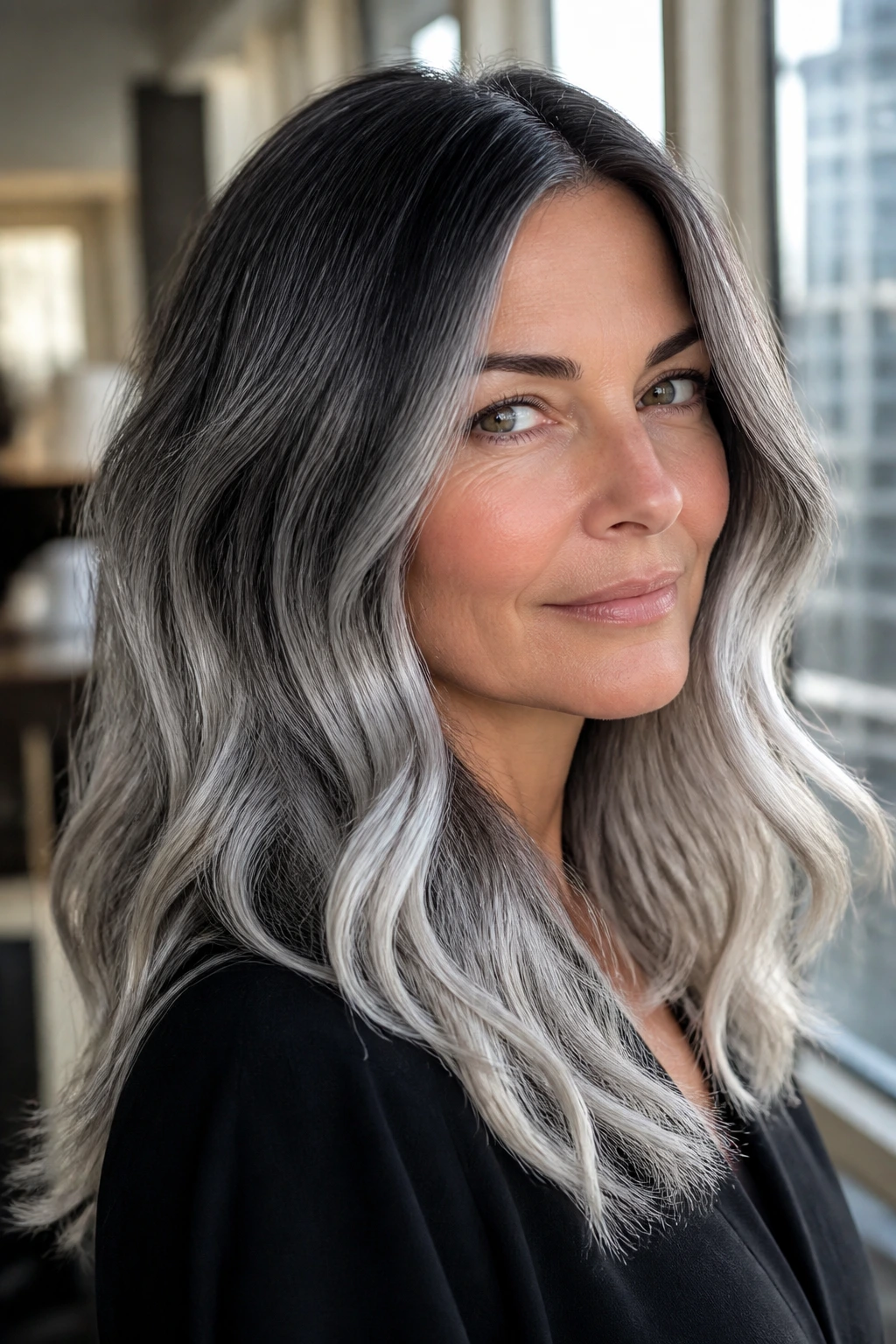 Close-up of a real person with charcoal to silver melt hair