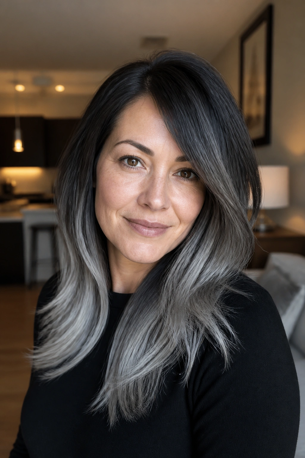 Real woman with charcoal-to-silver gradient hair in a close-up portrait