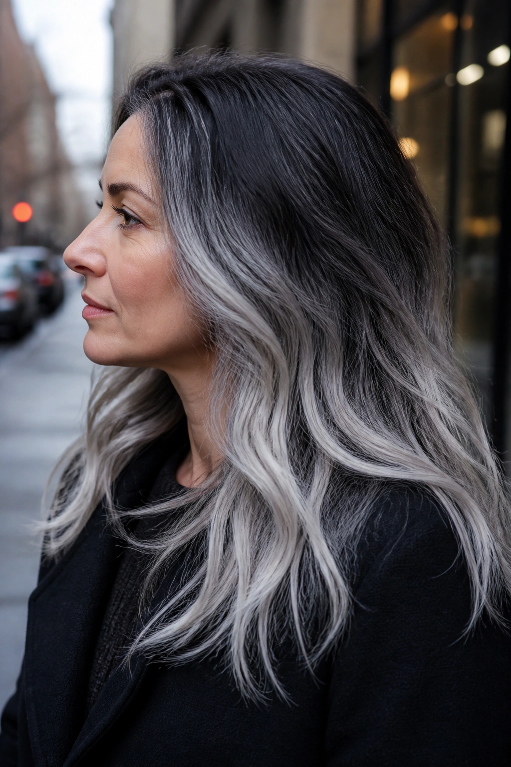 Side-profile of a real woman with charcoal-to-silver ombré hair