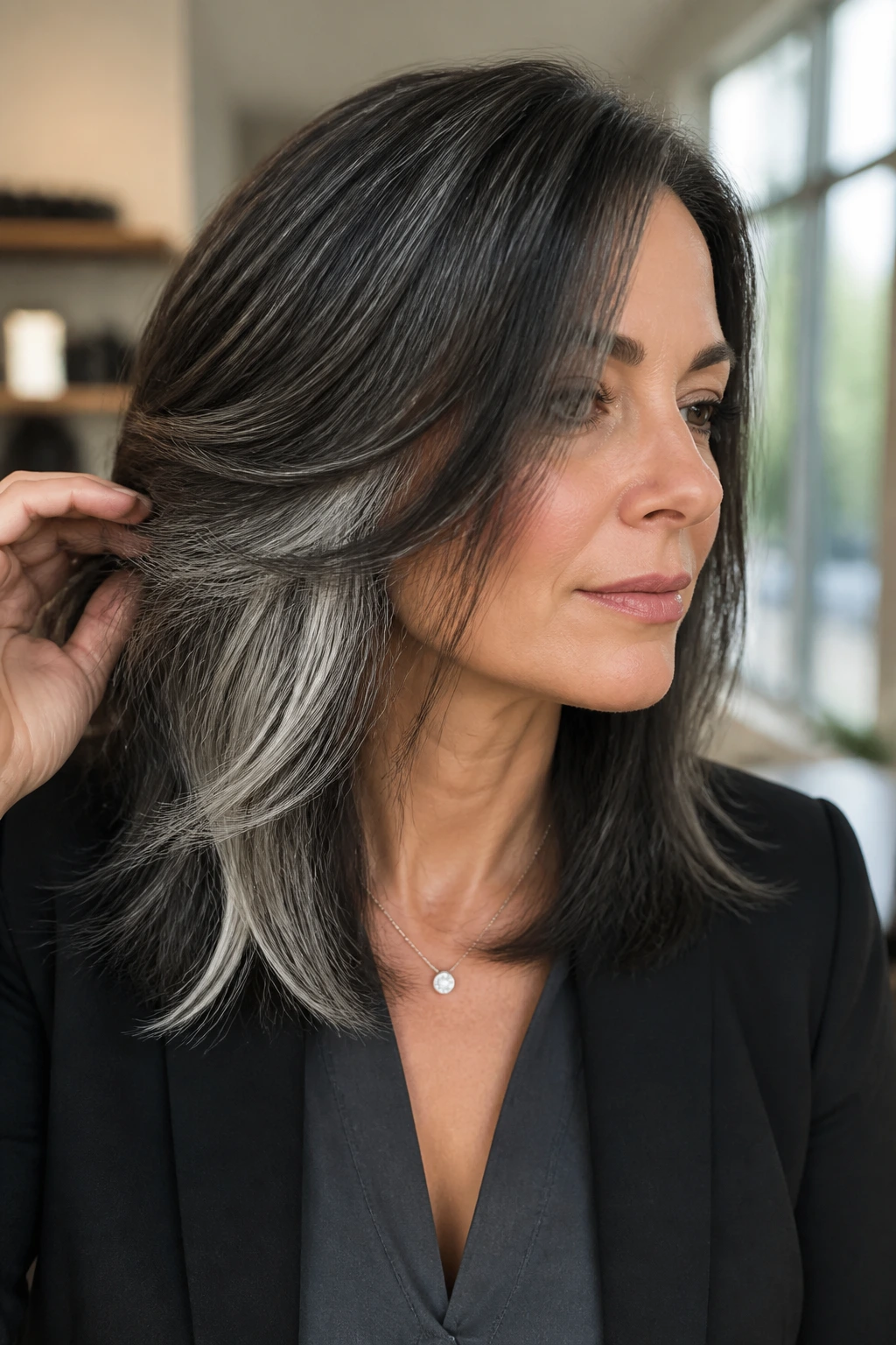 Portrait of a real person with charcoal and silver peekaboo panels in hair