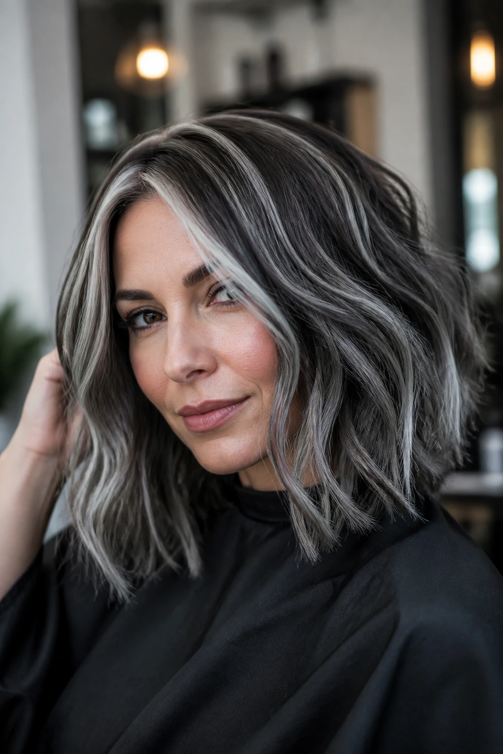 Close-up of brunette with charcoal and silver ribbons woven through hair