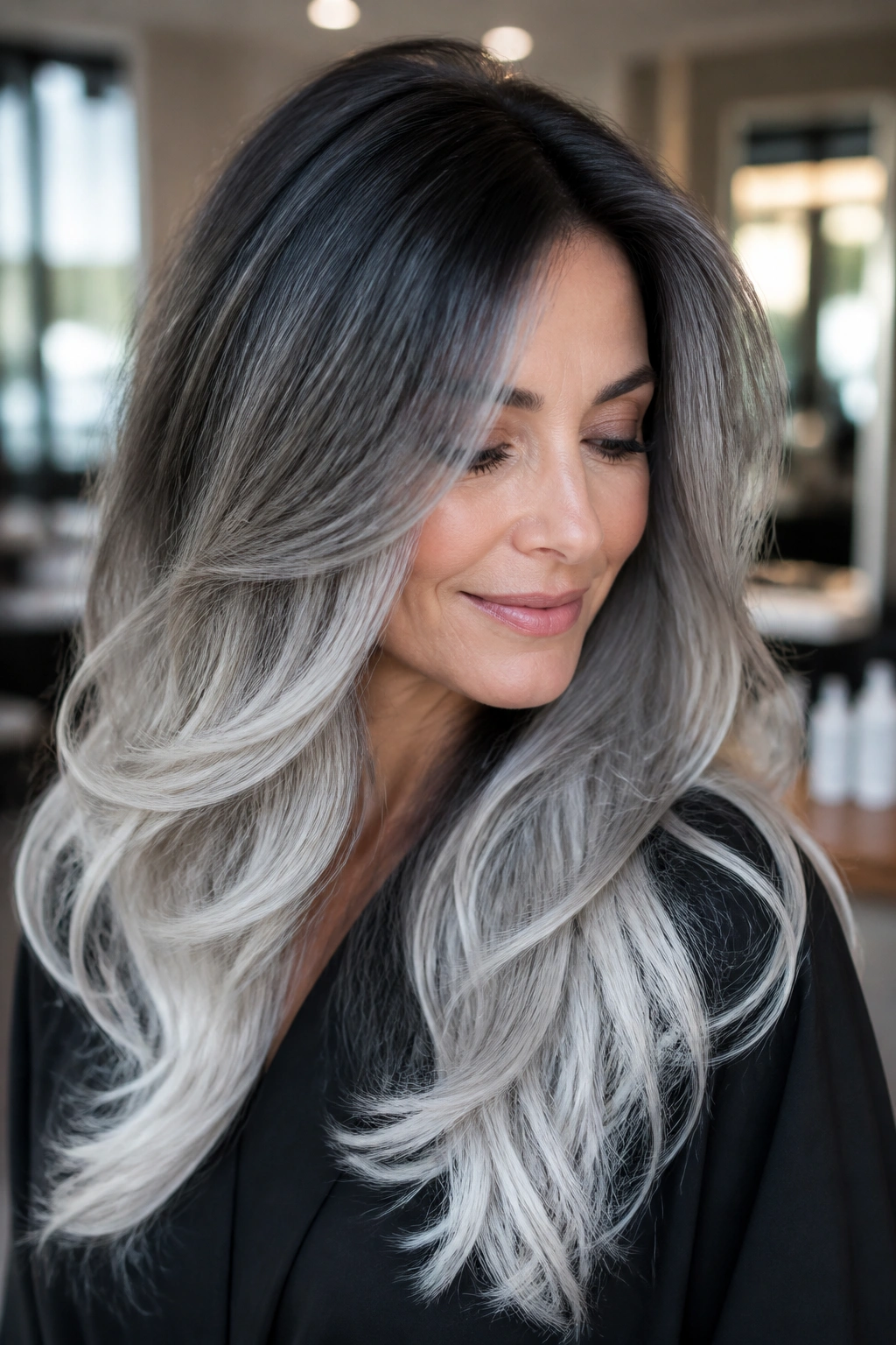 Close up portrait of a real woman with charcoal roots fading into icy silver ends in loose waves