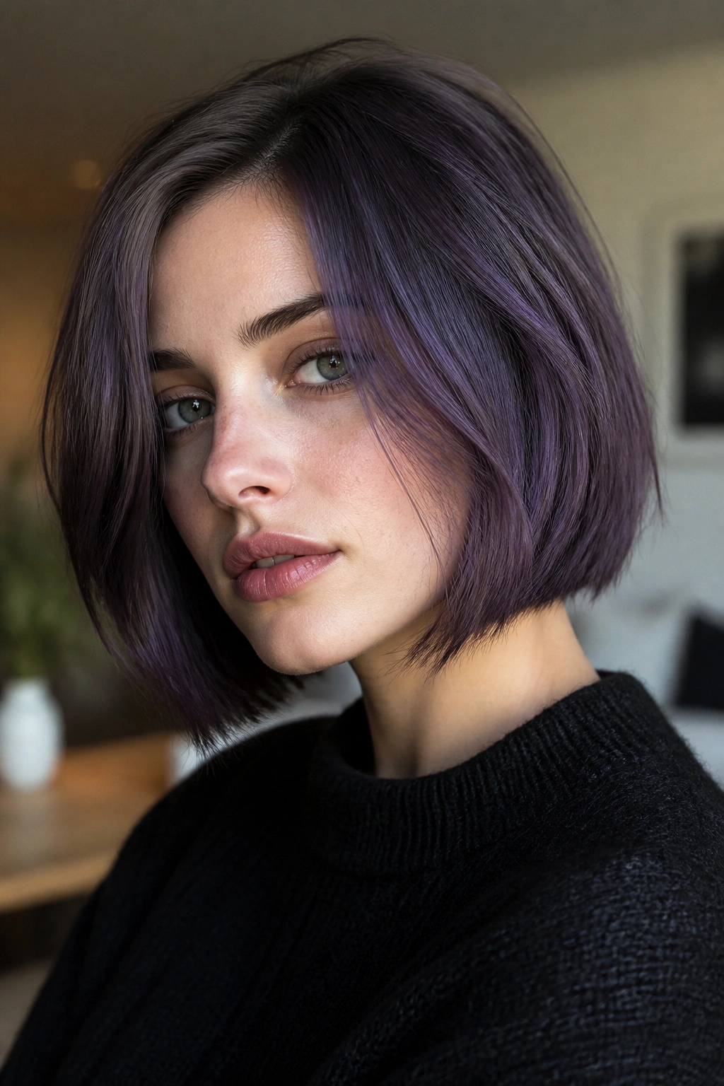 Close-up of a person with charcoal violet bob in a bright living room