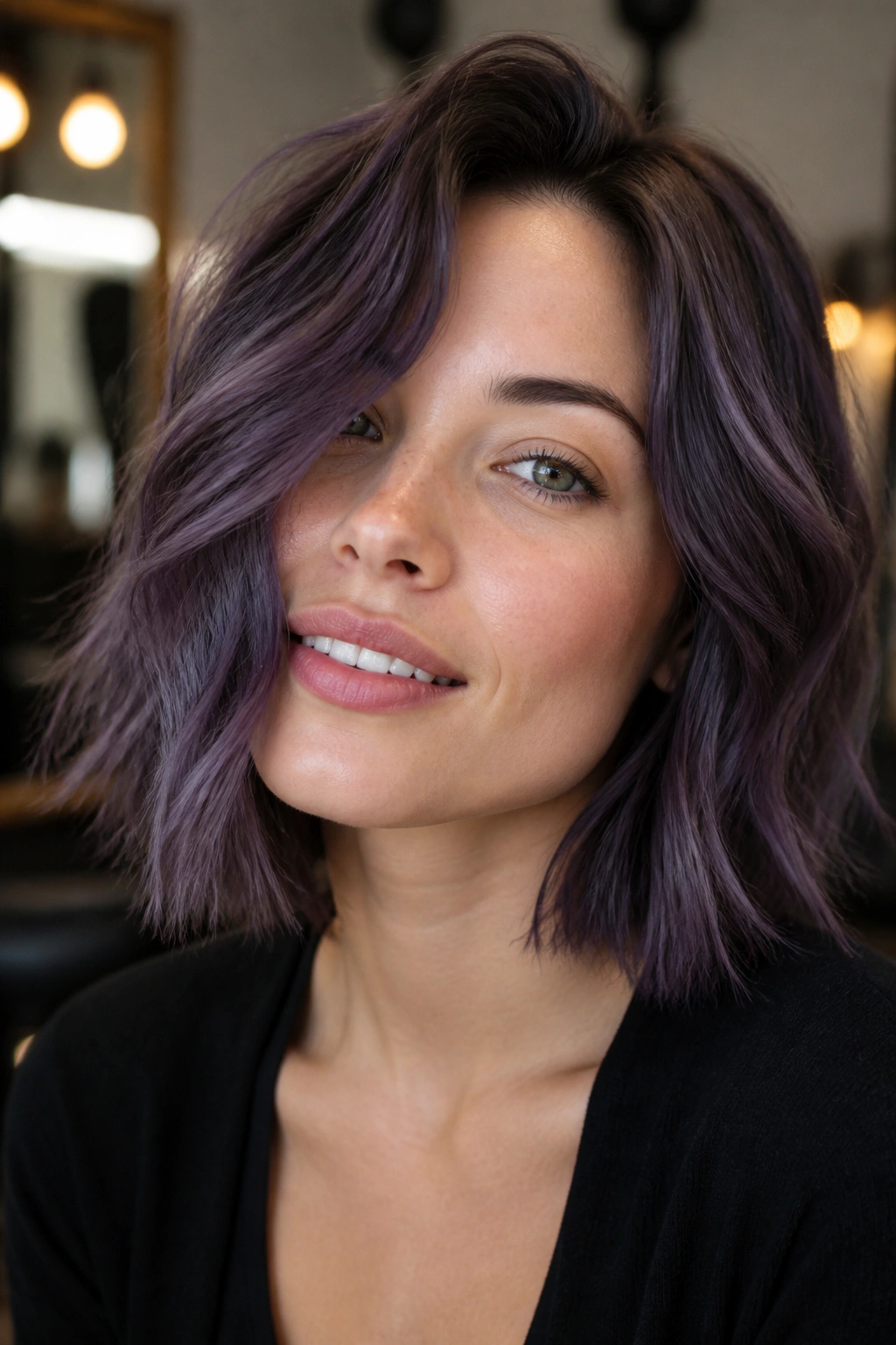 Close-up portrait of a woman with charcoal violet hair in a short textured lob, cool gray-violet tones.