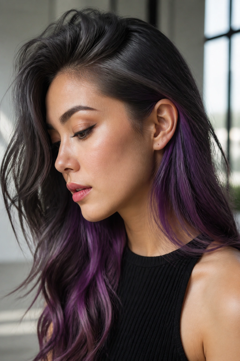 Close-up of charcoal violet peekaboo hair on a real person