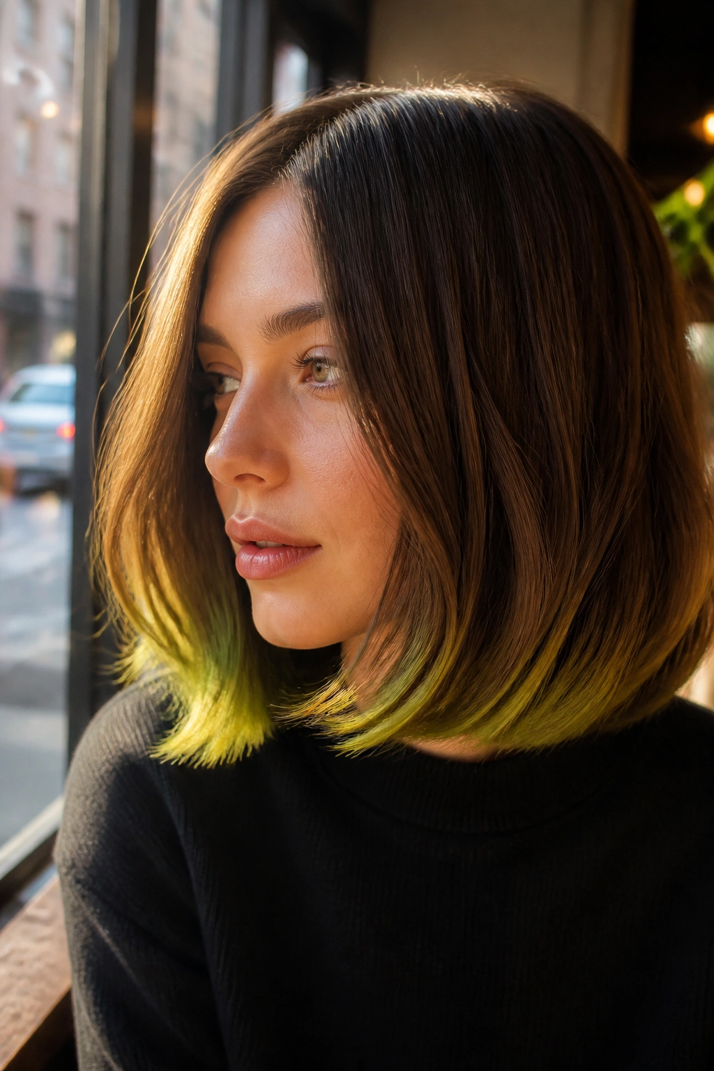 Close-up of a lob with chartreuse tips at the ends