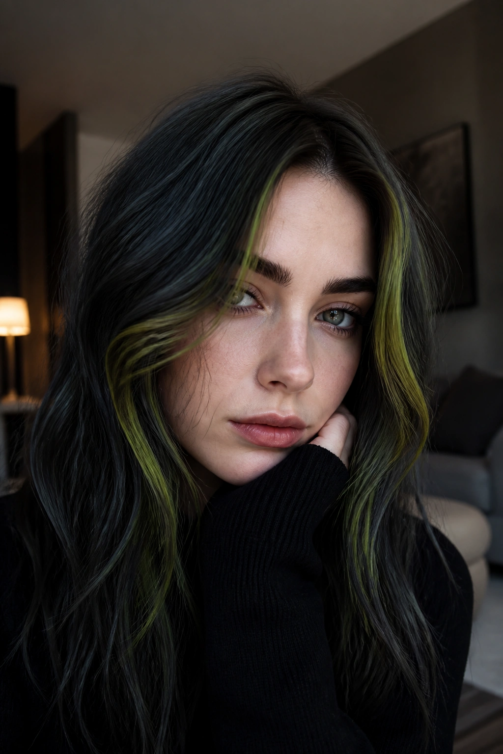 Close-up of a real person with charcoal hair and chartreuse streaks near the face