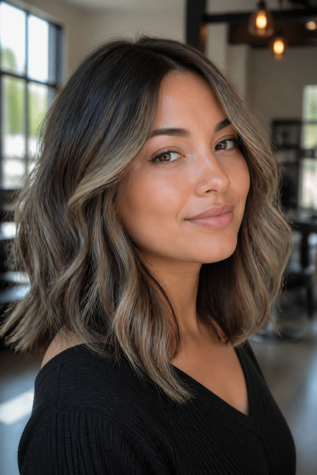 Close-up of cheekbone-skimming balayage with diagonal light ribbons near the cheekbone