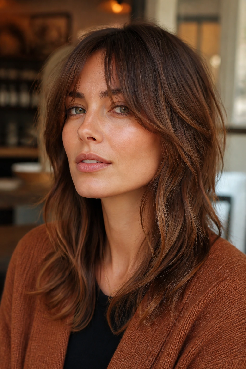 Close-up of a real person with cheekbone-bang boho shag hairstyle