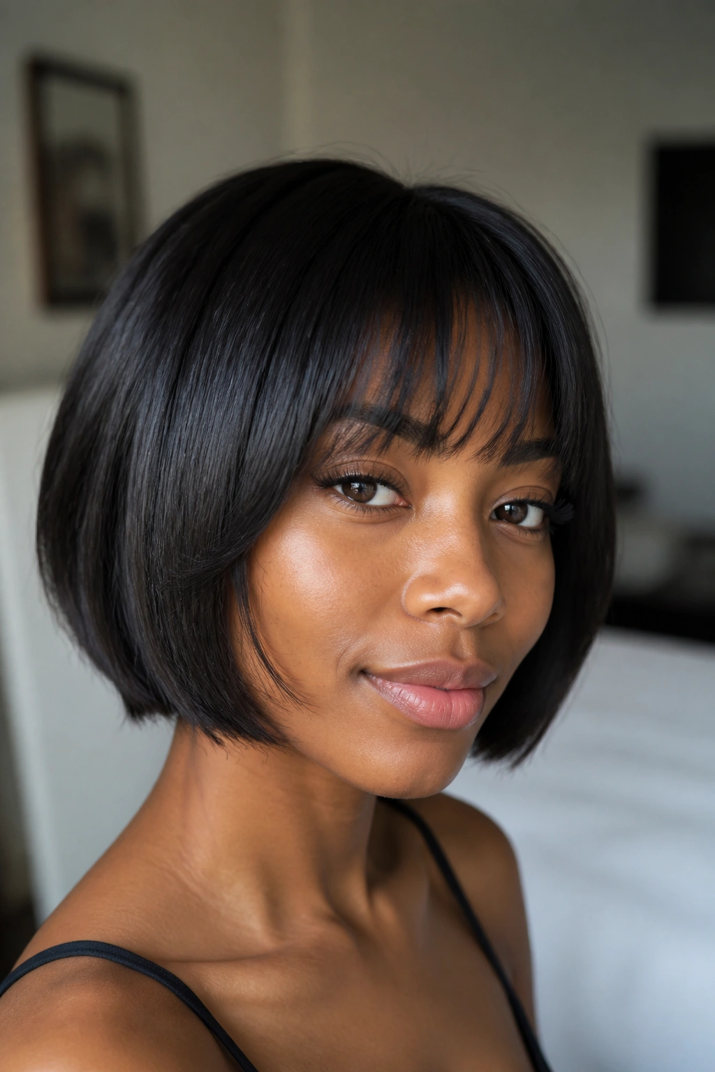 Close-up portrait of a real woman with cheekbone-length bangs blended into a bob.