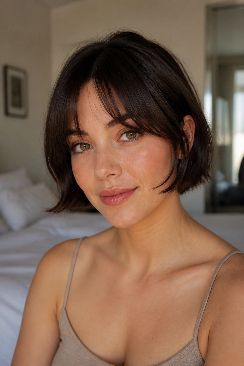 Close-up of cheekbone-grazing curtain bangs on a real woman under natural window light