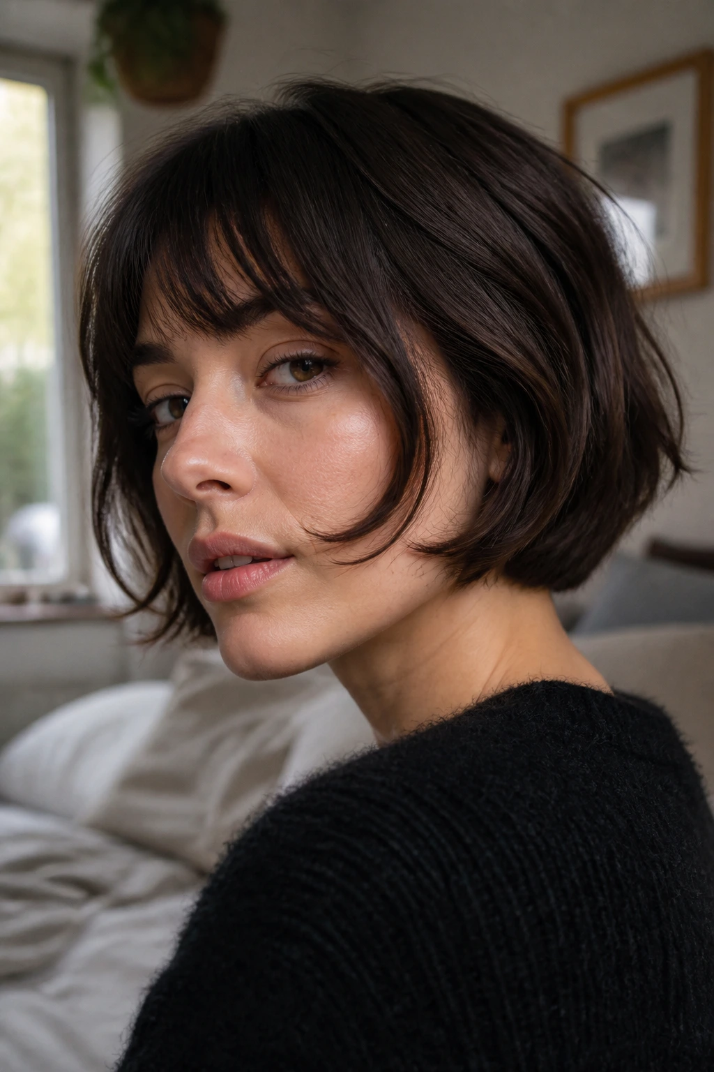 Close-up of a real woman with cheekbone bangs framing the face in a French bob