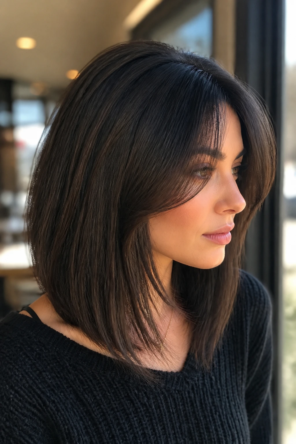 Real woman with cheekbone-length bangs in an inverted bob in warm cafe light