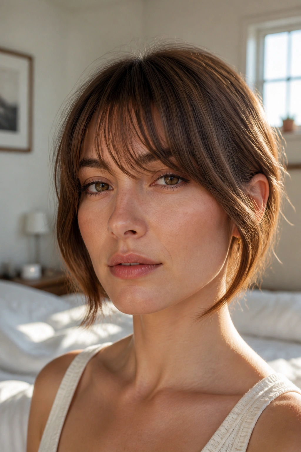 Close-up portrait of a real woman with cheekbone-length bangs ending at the cheekbone