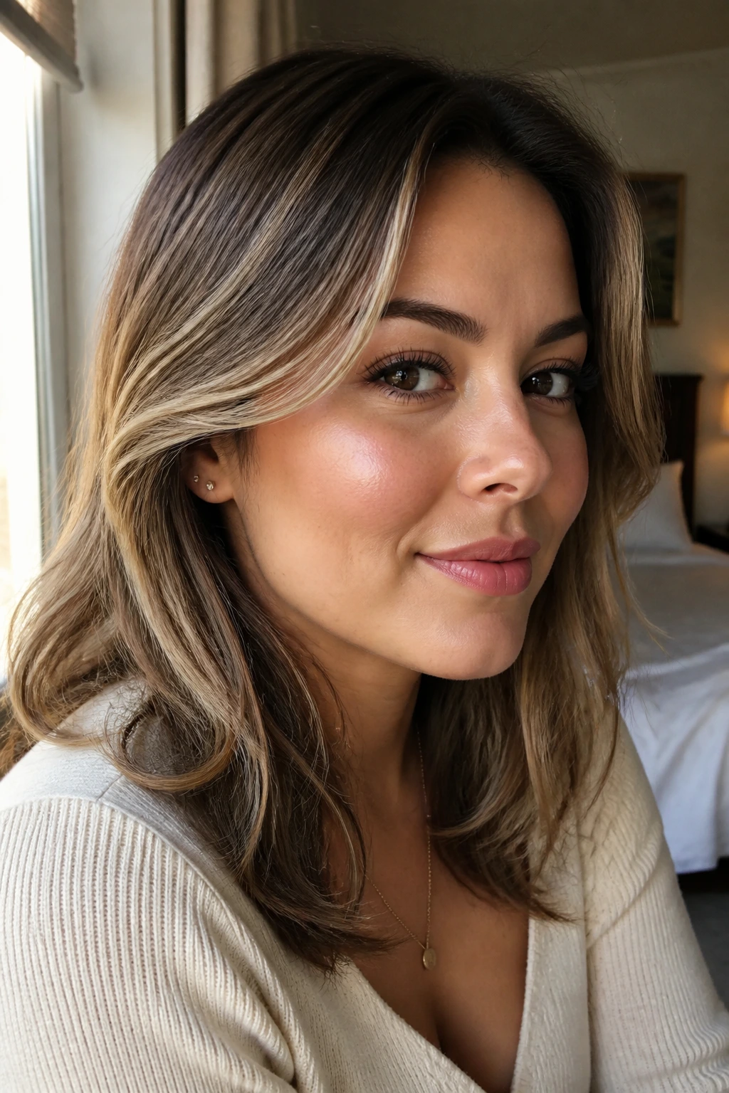 Close-up of a real woman with cheekbone-level contour highlights and layered hair.