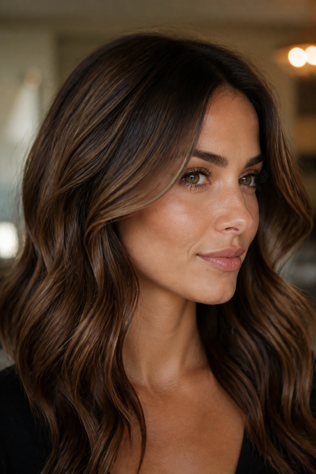 Brunette woman with cheekbone contour lowlights framing the face