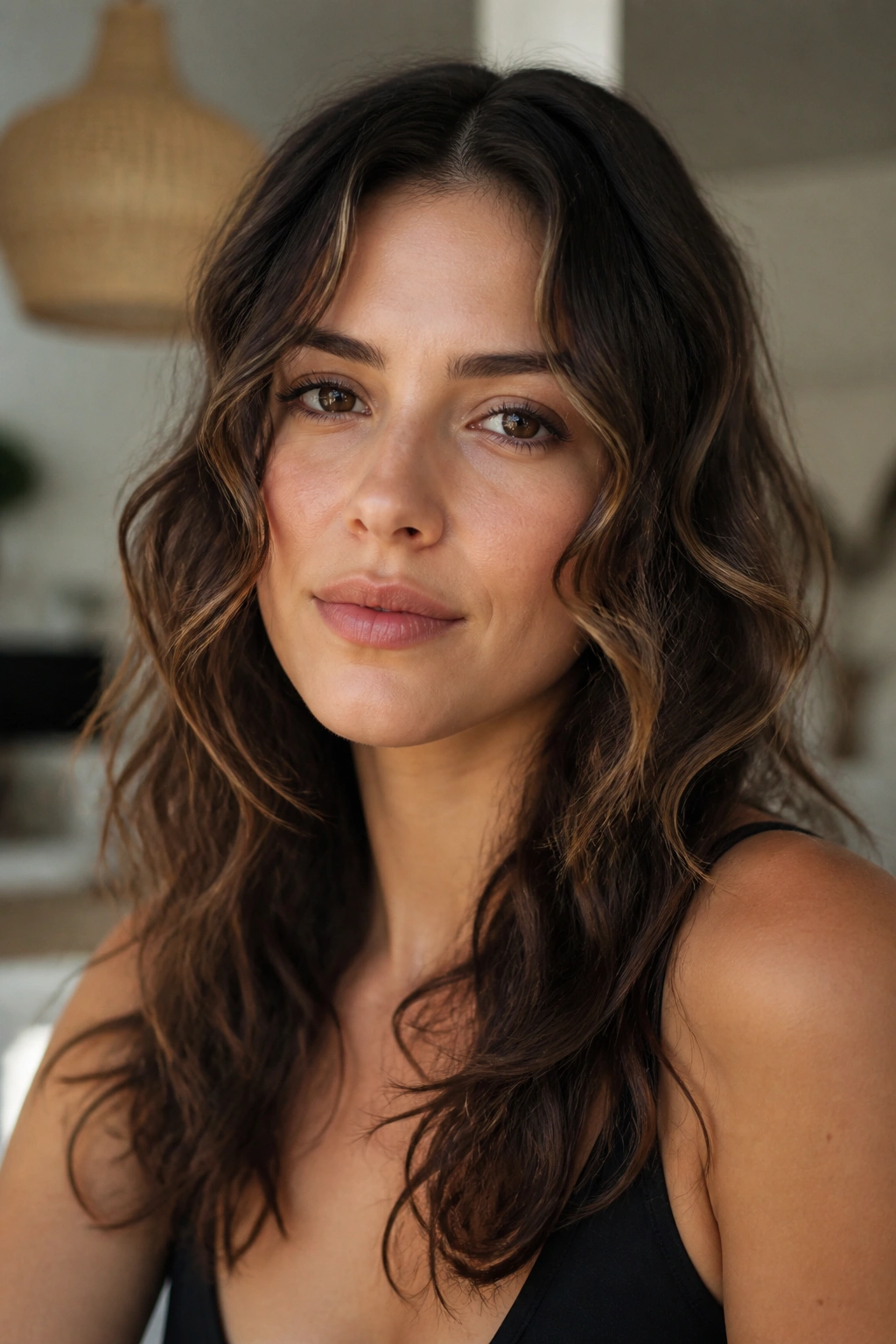 Close-up of a real person with cheekbone-starting loose curls framing the face