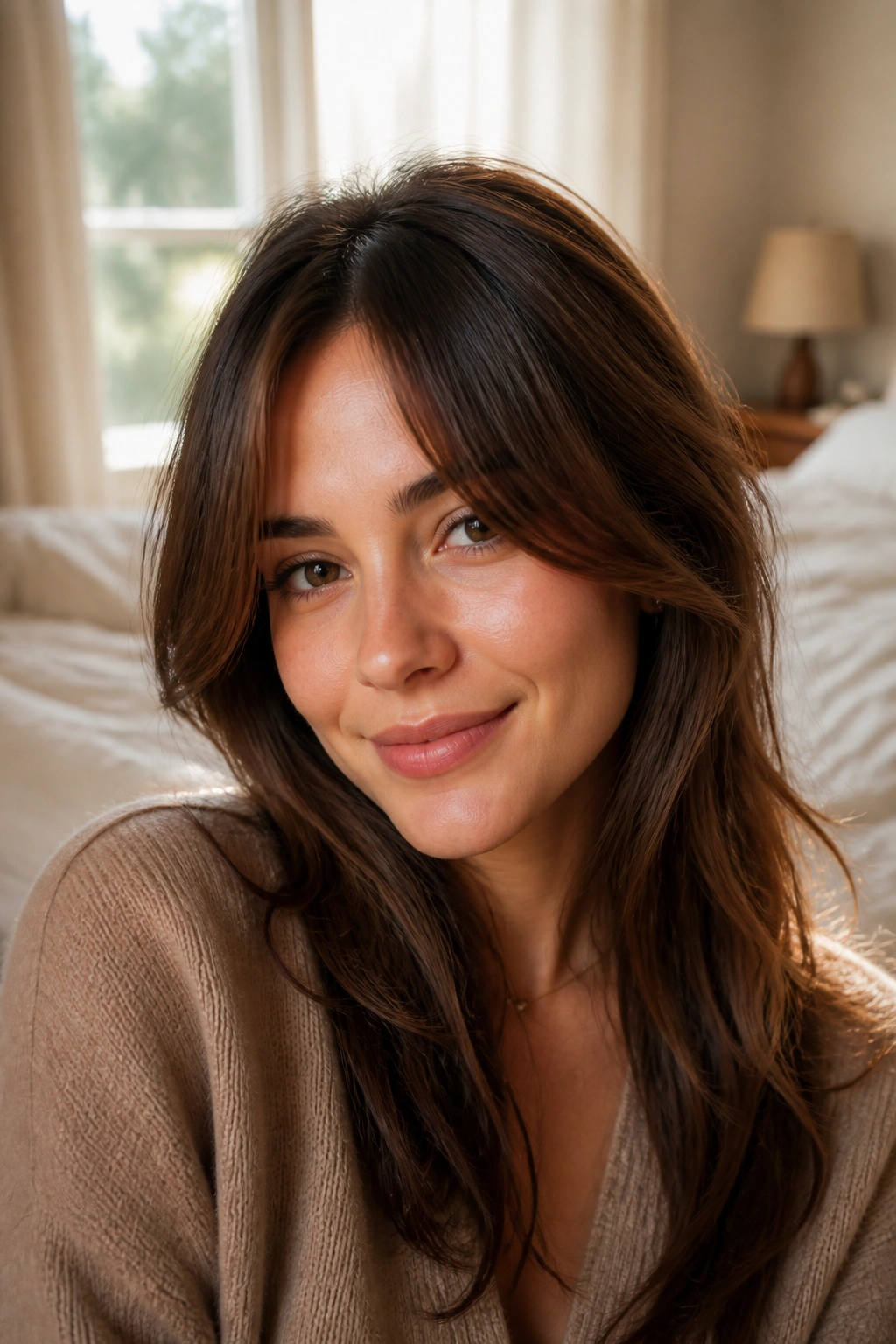 Close-up portrait of a woman with cheekbone-grazing curtain bangs in natural window light