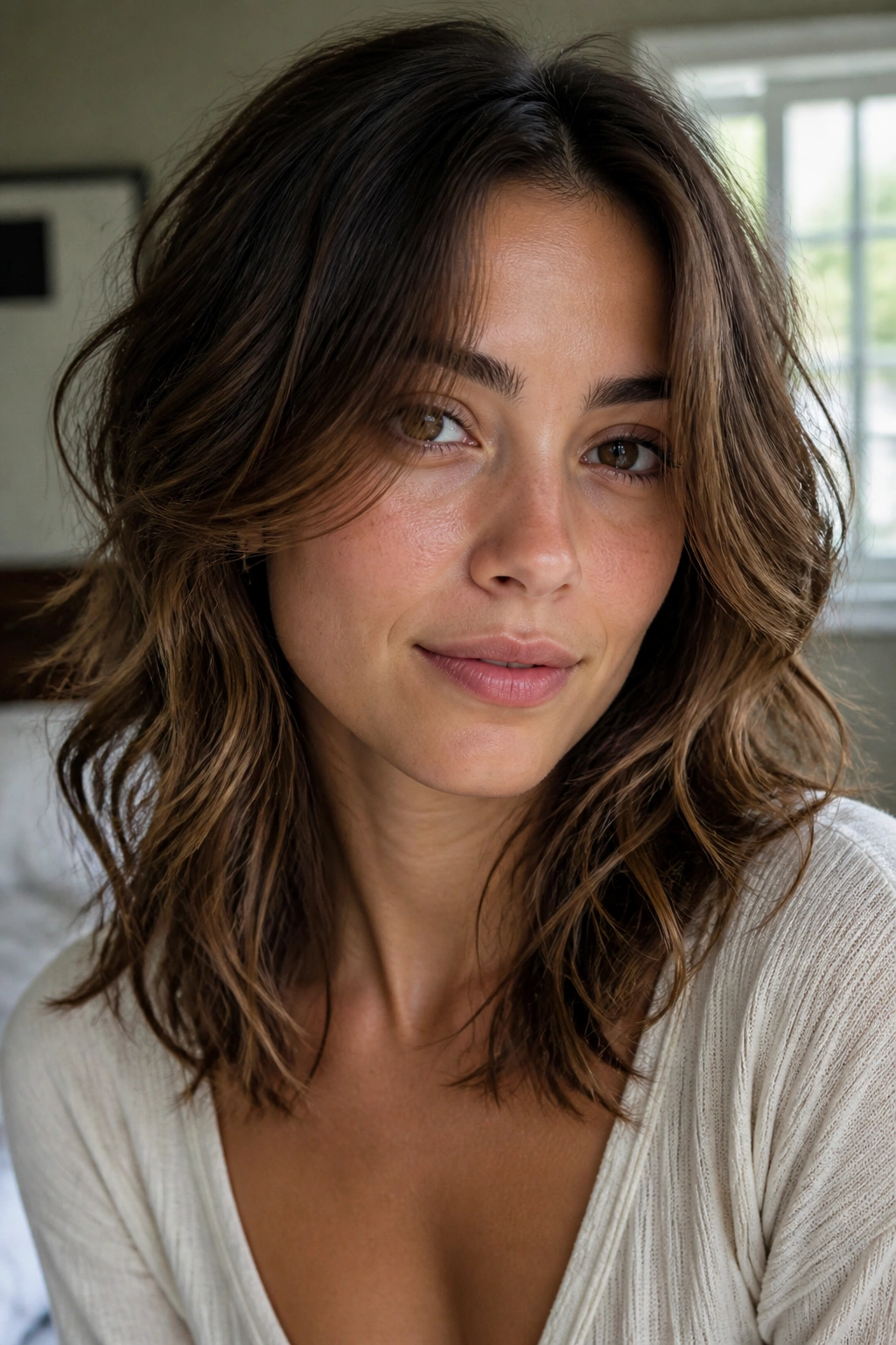 Close-up of woman with cheekbone-starting face-framing layers in wavy hair