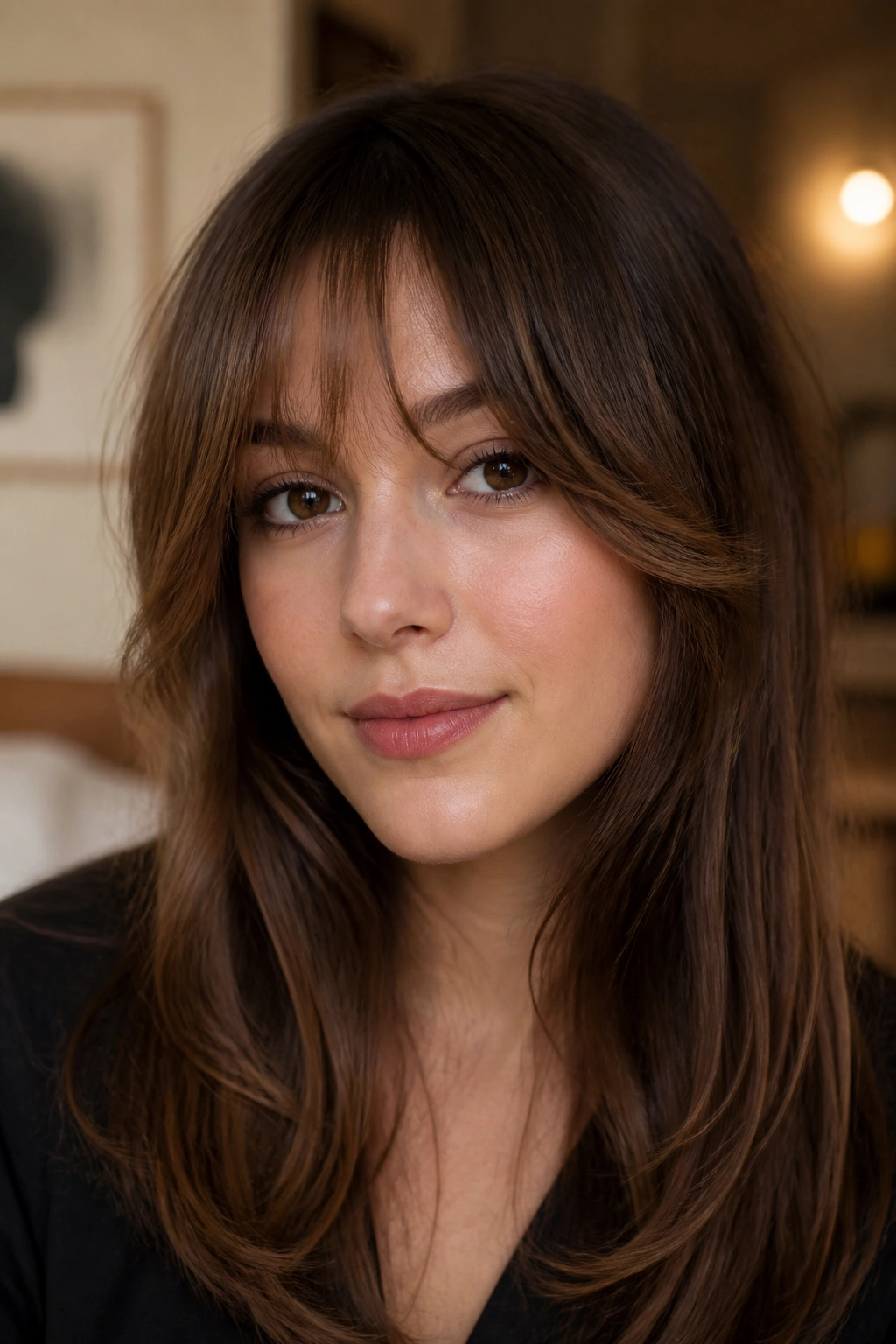 Close-up portrait of a woman with cheekbone-grazing feathered fringe
