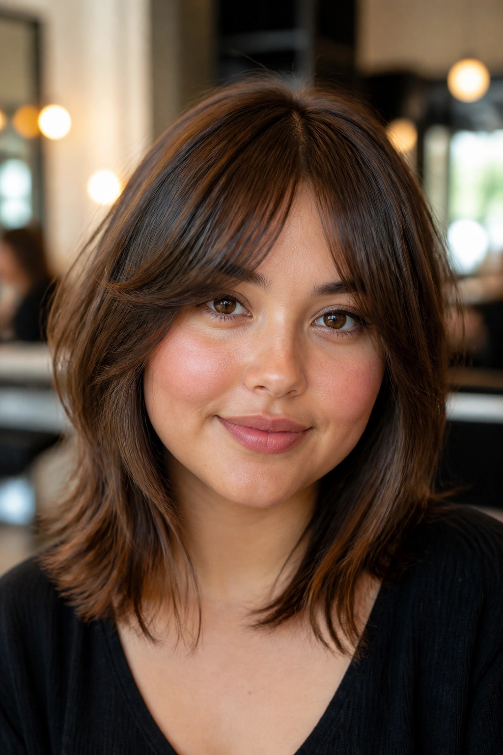 Close-up of a real woman wearing cheekbone-framing bangs near the cheekbones.