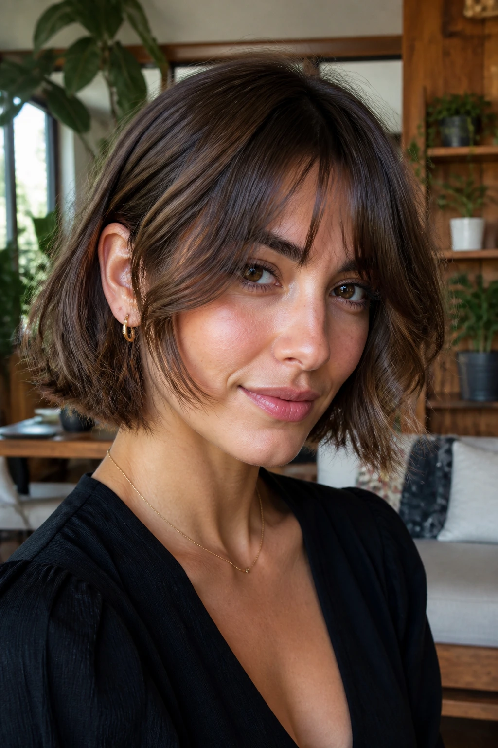 Close-up portrait of a real woman with cheekbone-framing bob and long fringe in soft daylight