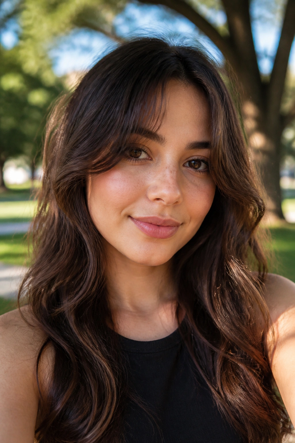 Close-up of a real woman with cheekbone-grazing fringe in a sunlit park
