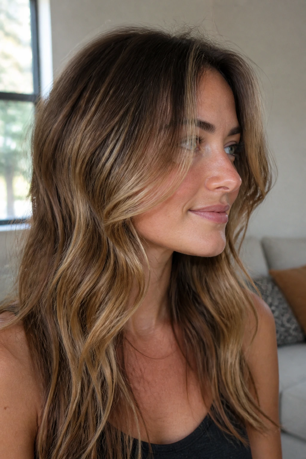 Close-up of a real woman with cheekbone face-framing layers