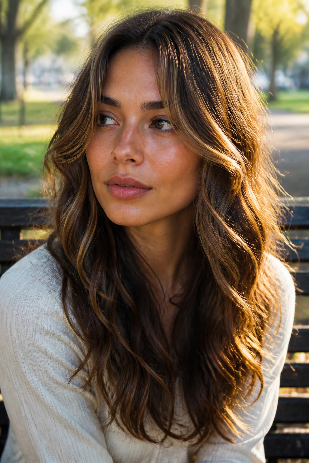 Portrait of woman with cheekbone framing layers in long wavy hair