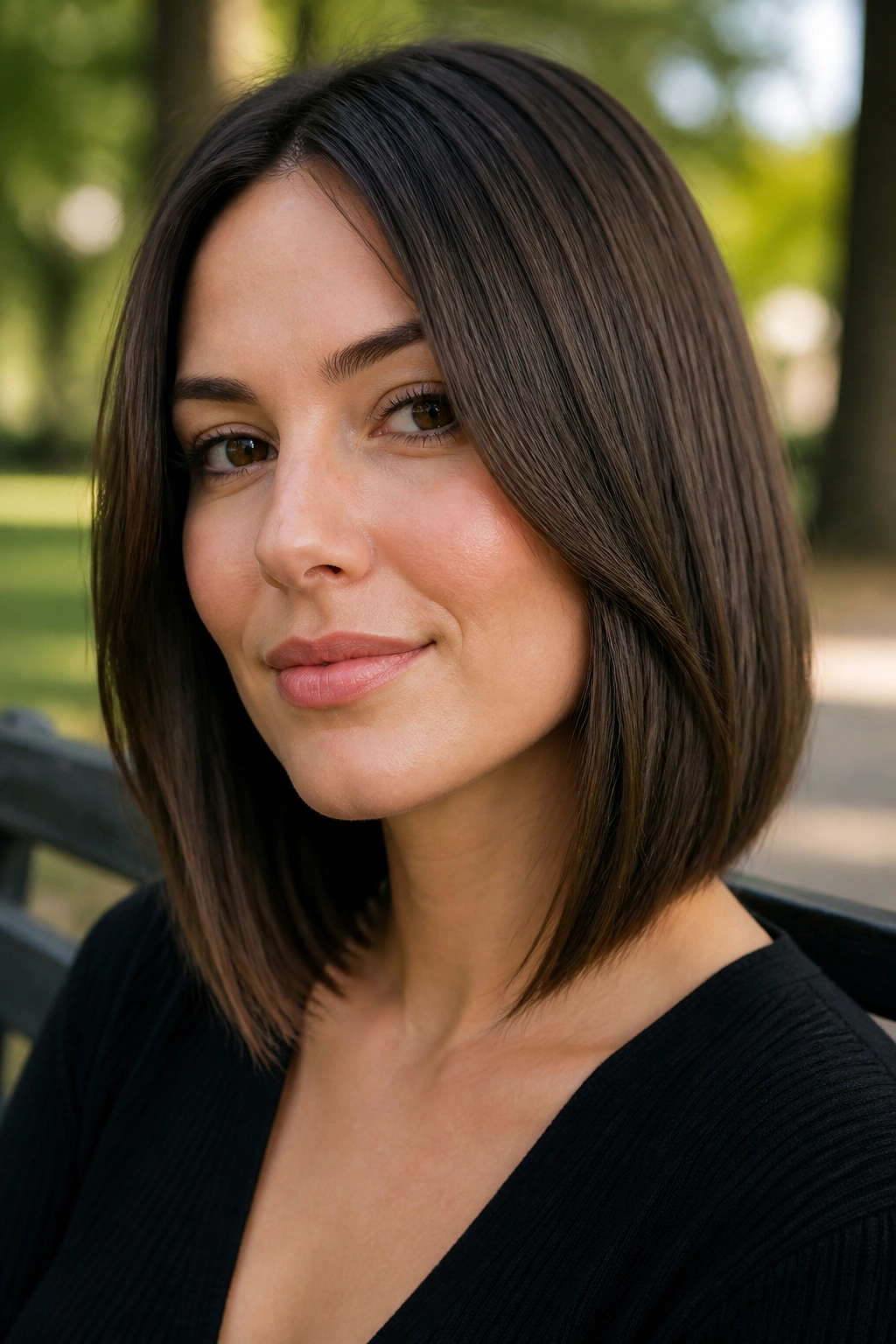Portrait of a real woman with cheekbone-framing lob front pieces at cheekbone