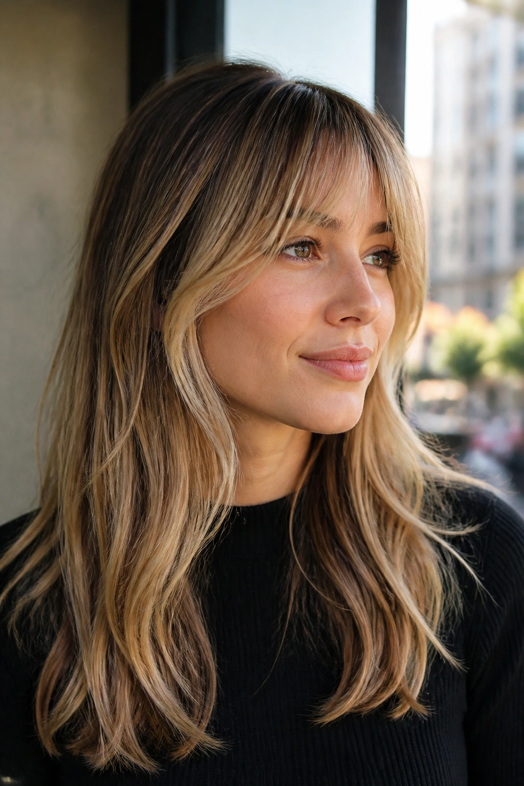 Close-up portrait of a real woman with cheekbone-skimming fringe and dimensional balayage
