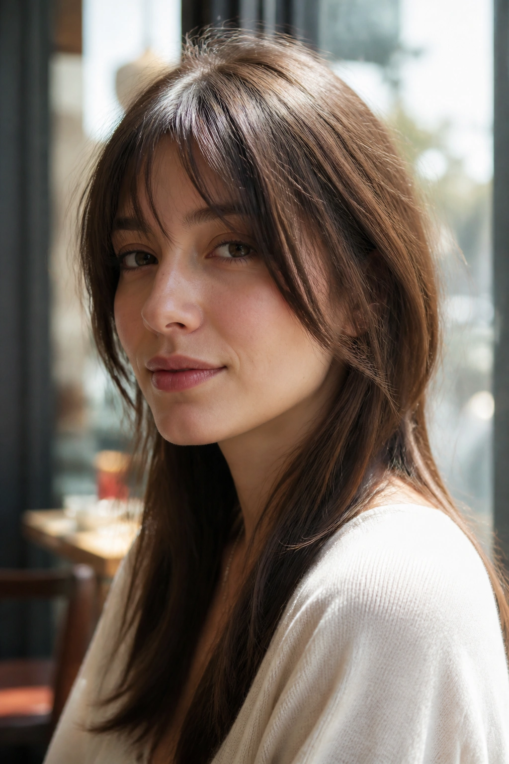 Real woman with cheekbone-skimming long fringe in cafe light
