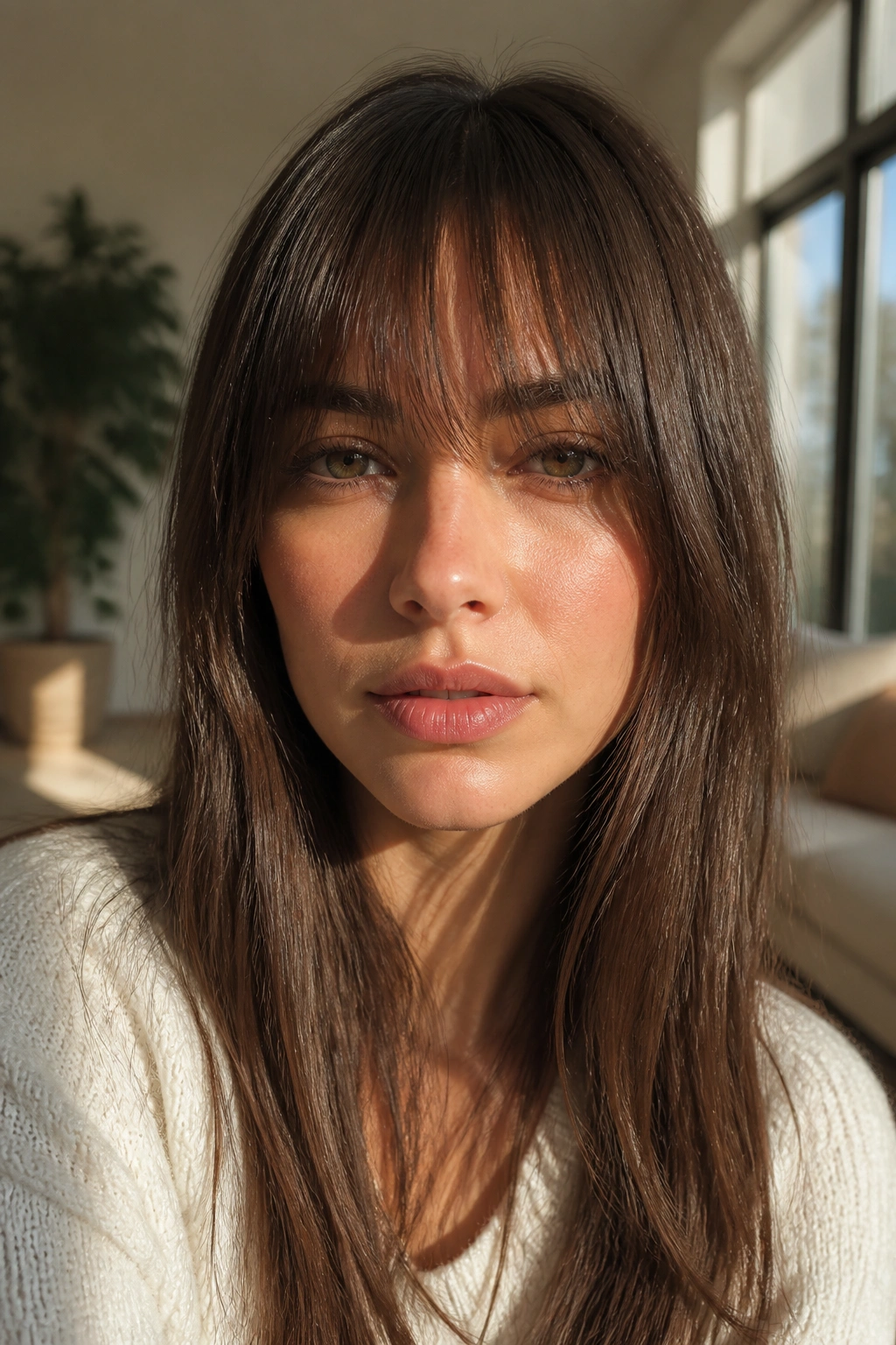 Close-up portrait of a real woman with cheekbone-grazing French fringe