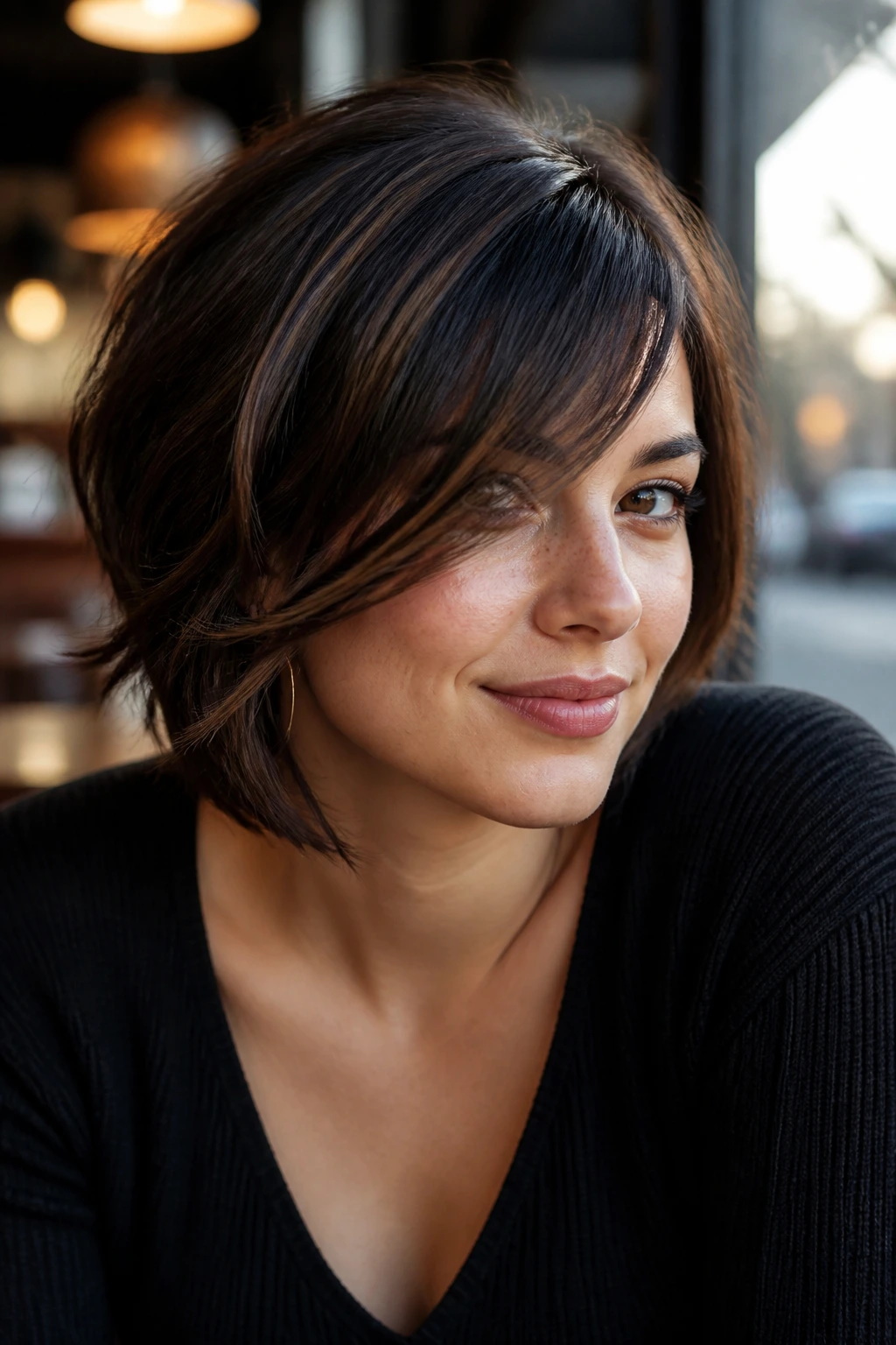 Close-up of a real woman with cheekbone-skimming side fringe at the cheekbone in daylight
