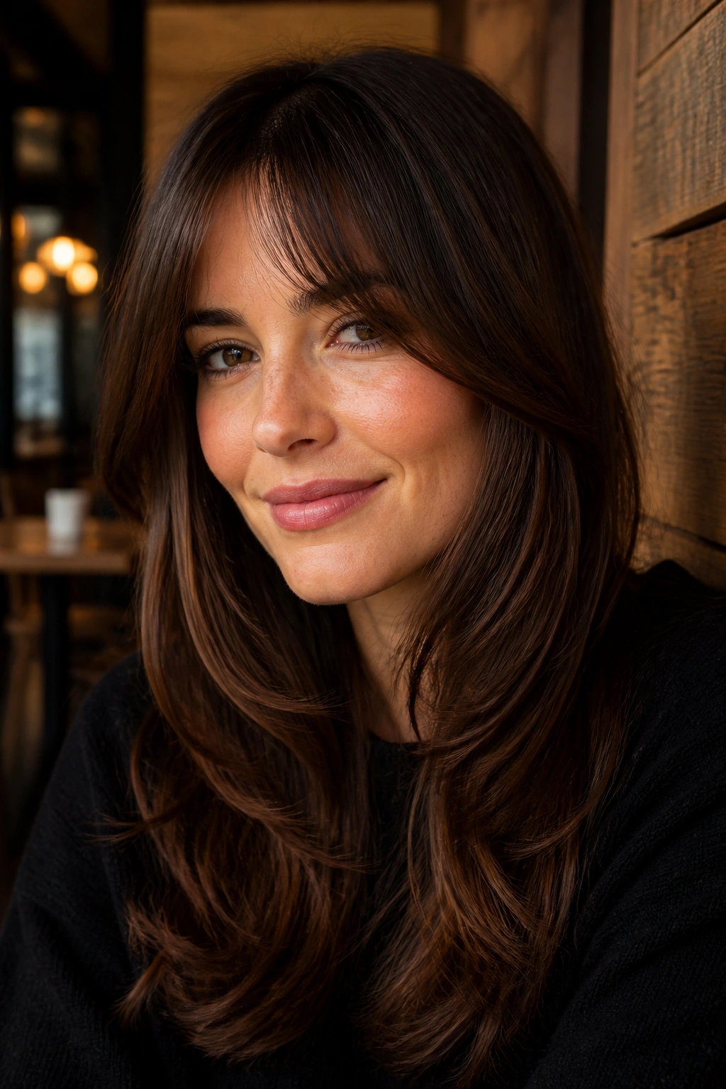 Close-up of a real woman with cheekbone-grazing fringe and soft layers in warm cafe light