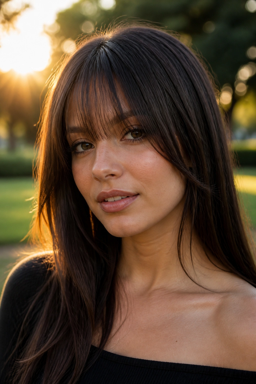 Close-up portrait of a real woman with cheekbone-grazing bangs