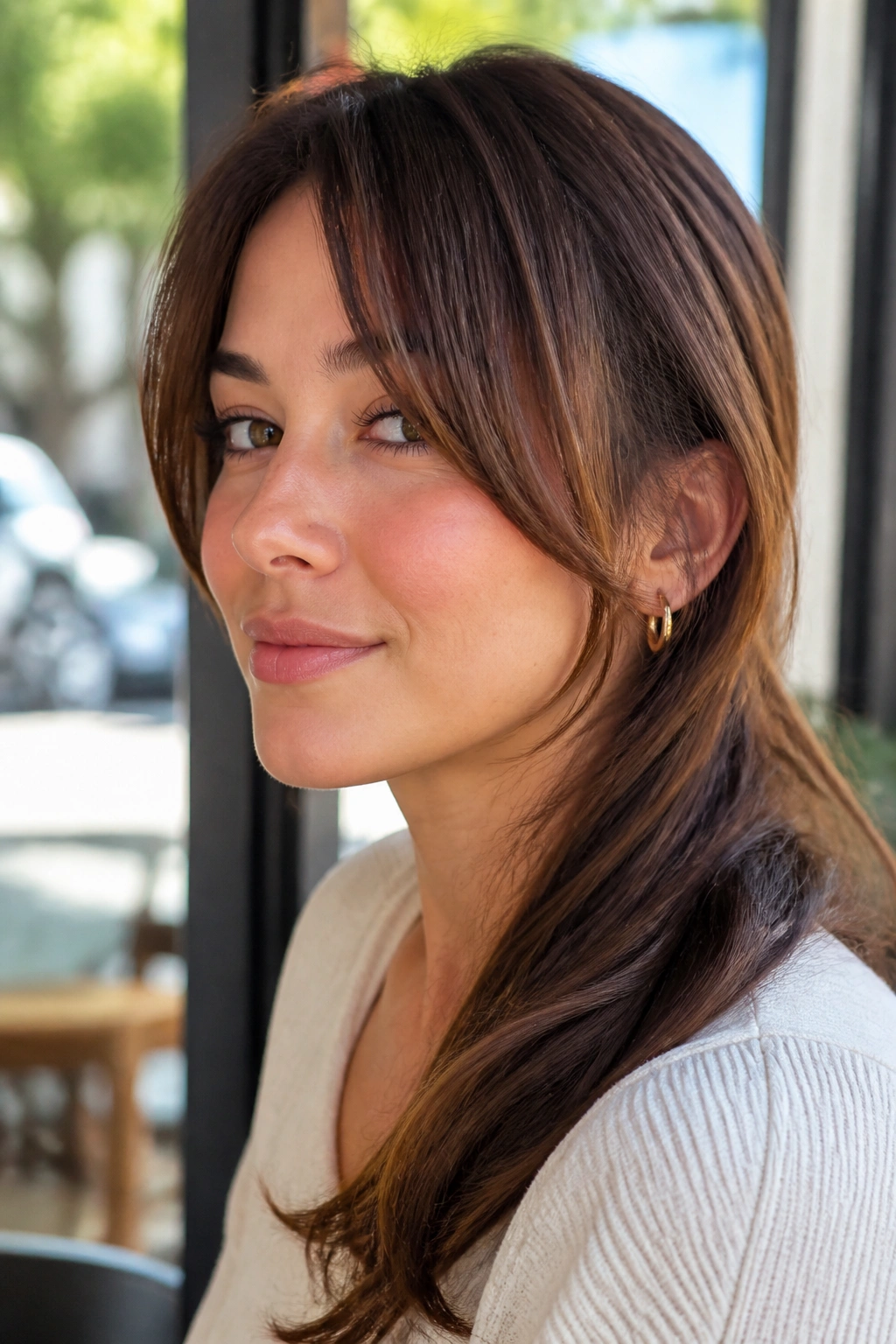 Close-up portrait of a real woman with cheekbone-grazing bangs and a long tail