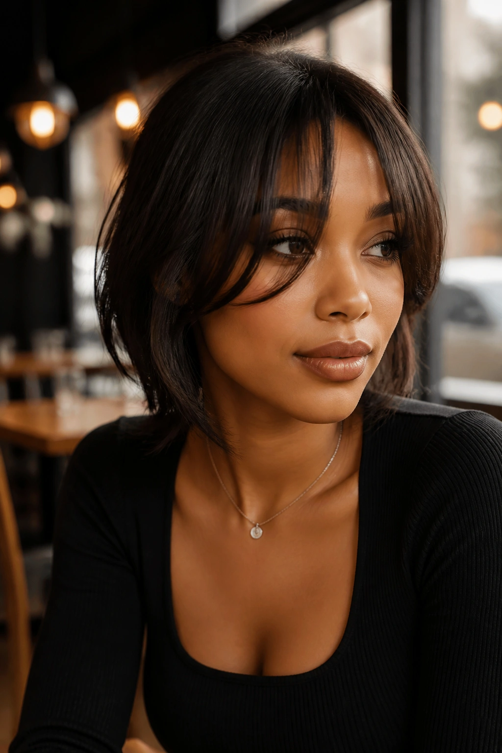 Close-up of a real woman with cheekbone-grazing bangs framing her face