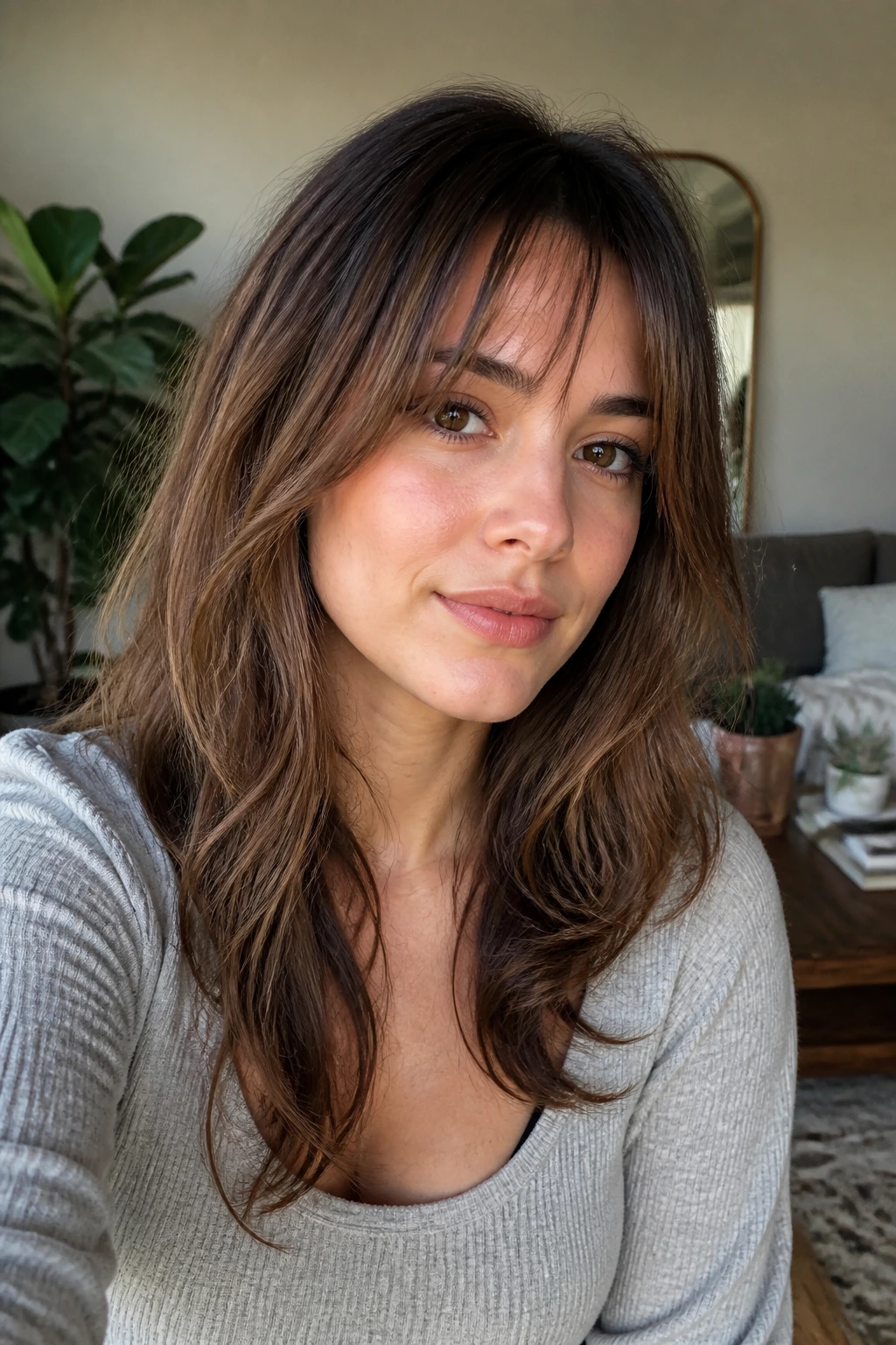 Close-up of a real woman with cheekbone-grazing grown-out bangs in a warm living room.