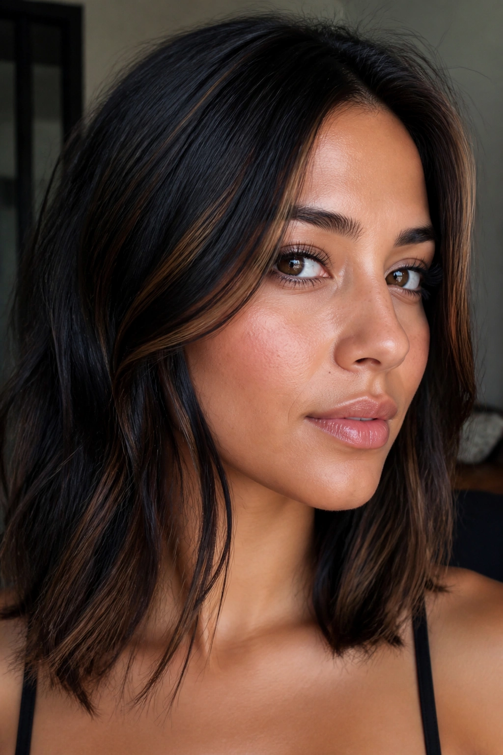Close-up portrait of a real woman showing a thin black highlight along the cheekbone