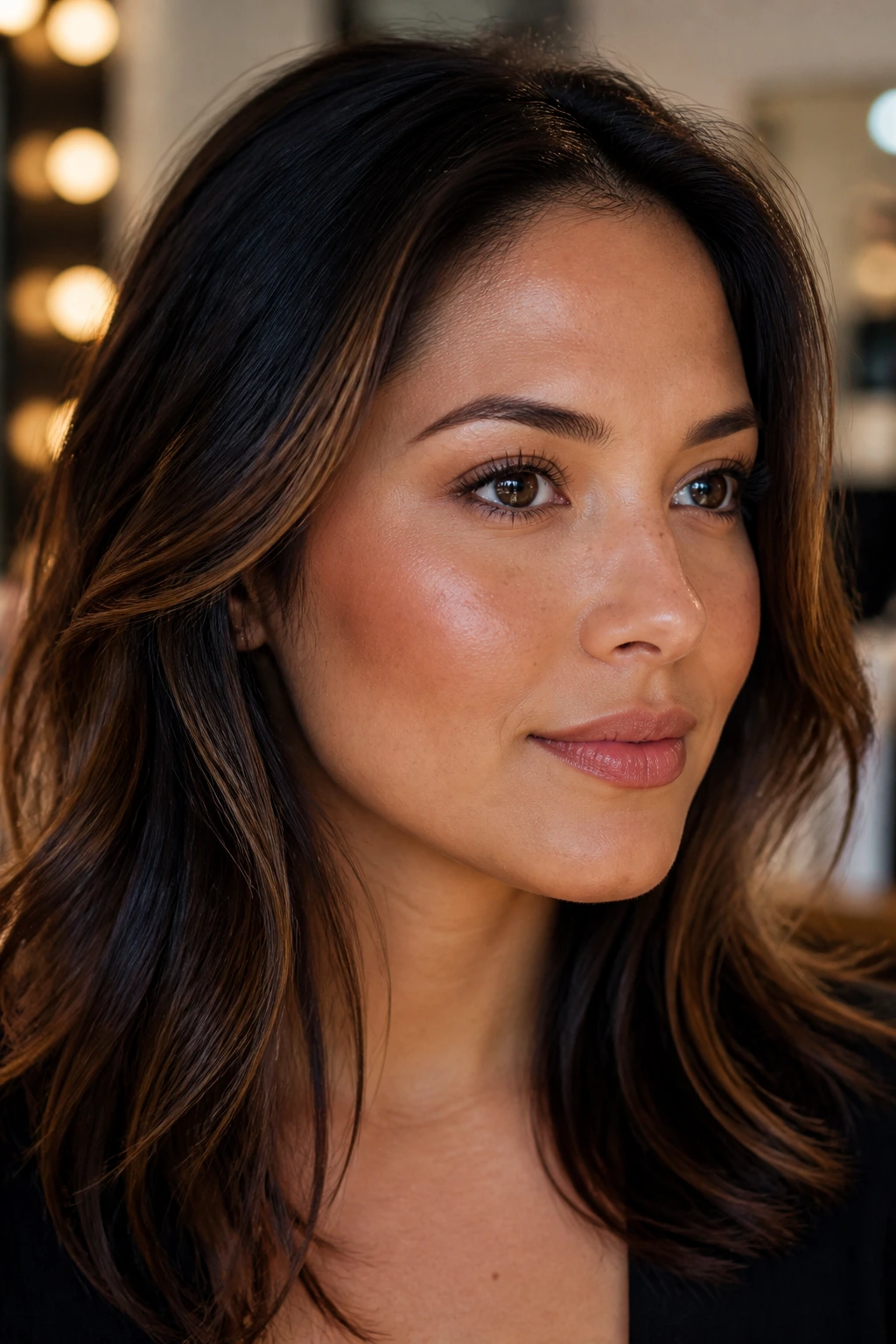 Close-up portrait of a real woman with warm brown cheekbone highlights